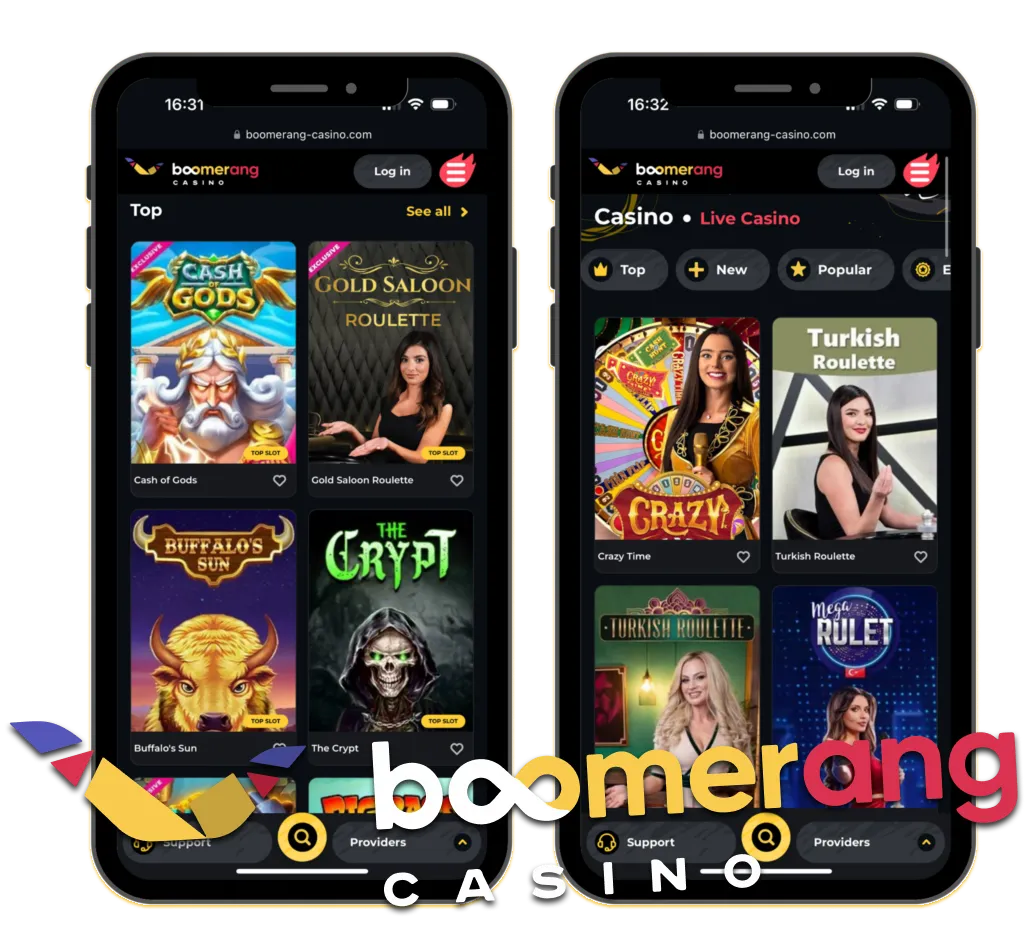 interfaccia mobile di boomerang casino