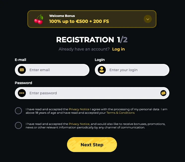 Boomerang Casino Registration First step