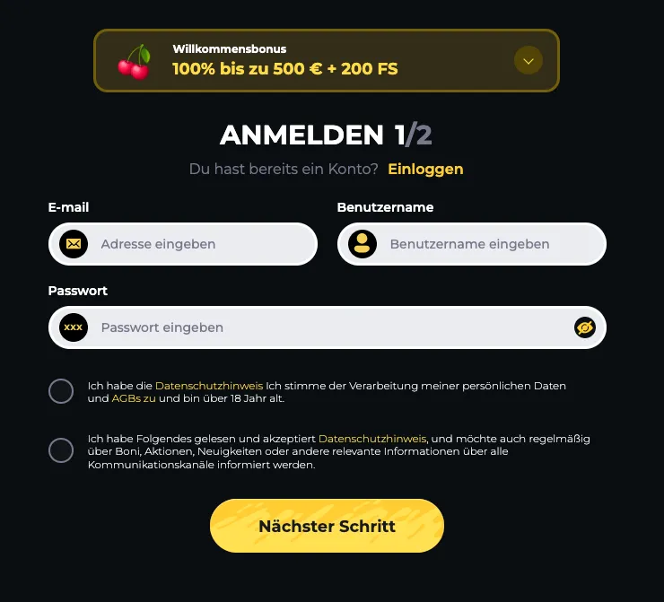 Boomerang Casino Registrierung erster Schritt