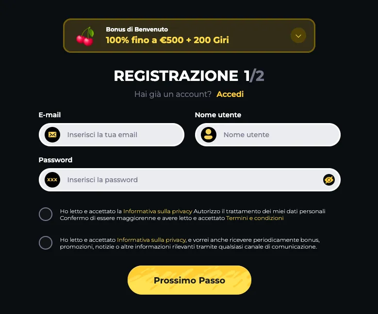 Primo passo - Registrazione Boomerang Casino